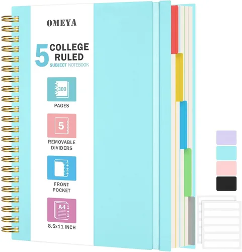 Vista 12 de Cuaderno de Espiral 8.5" x 11", Cuadernos de 5 Materias con Rayas Universitarias con Divisores Removibles, 300 Páginas 100GSM Diario de Escritura