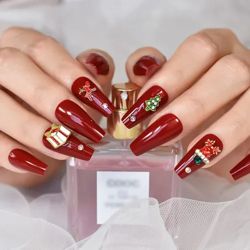 Vista 2 de ELEVENAIL Uñas de Navidad con caja de regalo de dibujos animados de diamantes de imitación 3D, ciervo, árbol rojo, uñas postizas medianas largas