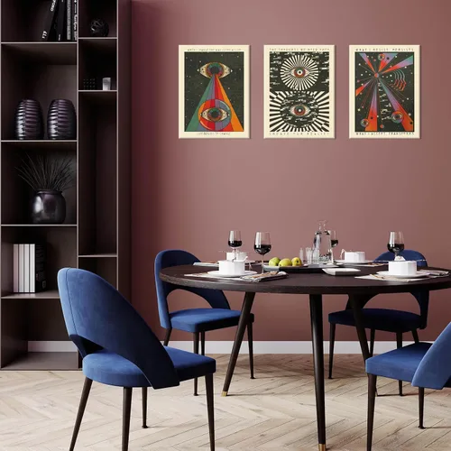 Vista 4 de Juego de 3 lienzos enmarcados de estilo retro hippie para pared, meditación, psique delicados, arte en lienzo bohemio de los años 70