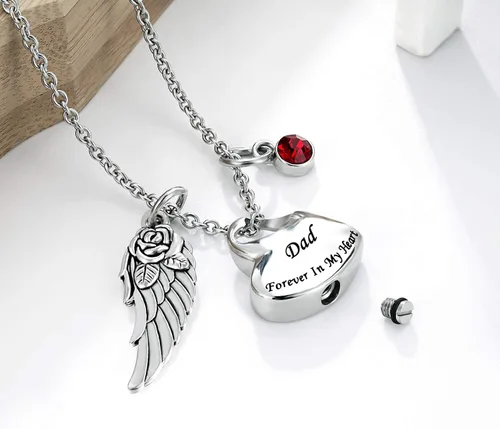 Vista 3 de Collar de urna de cremación de doble corazón viene con ala de ángel y 12 piedras natales para cenizas, colgante conmemorativo, Forever in My Heart
