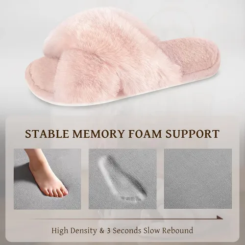 Vista 3 de Parlovable Pantuflas peludas para mujer, cómodas con banda cruzada, zapatos de casa de espuma viscoelástica con punta abierta, regalos
