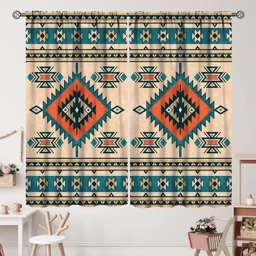 Vista 59 de Cortinas con patrón geométrico tribal, estilo suroeste, azteca, rústico, occidental, nativo americano, opacas, con bolsillo para barra, decoración
