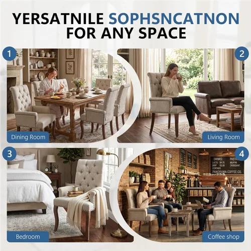 Vista 9 de Accent Dining Chair with Arms,Chenille High Back Kitchen Armchairs,Beige Beige1