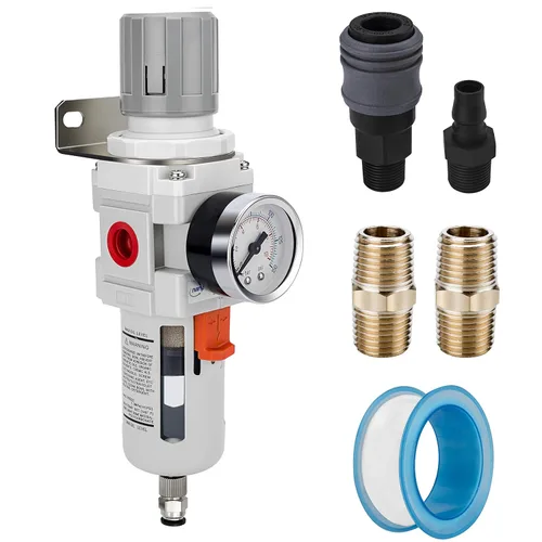 Vista 7 de 1" NPT Filtro de aire comprimido regulador combinado tipo piggyback, elemento de latón de 5 micrones, cuenco de policarbonato, desagüe