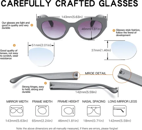 Vista 2 de Bevi Gafas de sol clásicas de lectura completa Cateye para mujer con lentes flexibles y fuertes para mujer