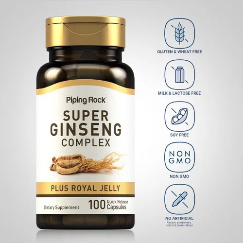 Vista 3 de Piping Rock Suplemento de ginseng 100 cápsulas complejas con jalea real Suplemento sin OMG y sin gluten
