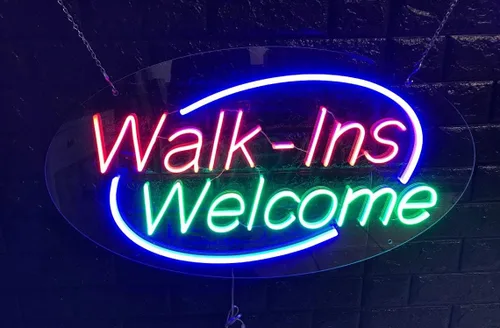 Vista 2 de Walk ins Welcome - Letrero de neón LED de 28 pulgadas de largo x 16 pulgadas de alto #34085