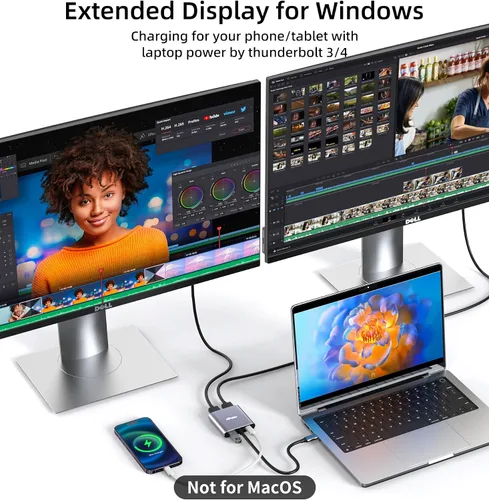 Vista 5 de Adaptador USB C a HDMI Dual 4K@60Hz, 4 en 1 USB C a HDMI Convertidor con carga PD de 100 W USB 3.0, divisor USB C a HDMI Pantalla extendida