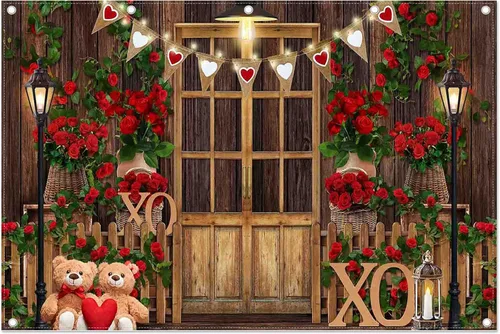 Vista 10 de Telón de fondo de fotografía de poliéster para el día de San Valentín, 7 x 5 pies, diseño de rosa roja, fondo de madera, corazón, oso, amor