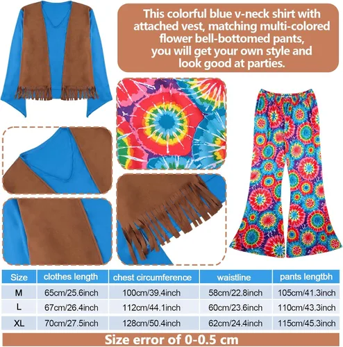 Vista 3 de Geyoga 5 piezas de disfraz hippie de los años 60 y 70 para hombres y mujeres camisa de pantalón hippie chaleco de imitación con rastas