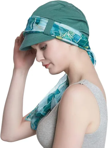 Vista 15 de Alnorm Juego de gorro y pañuelo de algodón transpirable para quimioterapia para mujeres Negro Rosado