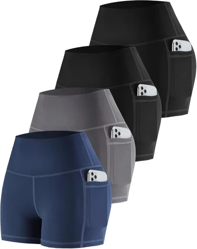 Vista 45 de CHRLEISURE - Pantalones cortos de ciclismo para mujer con bolsillos de licra, cintura alta, con control de abdomen para entrenamiento, yoga