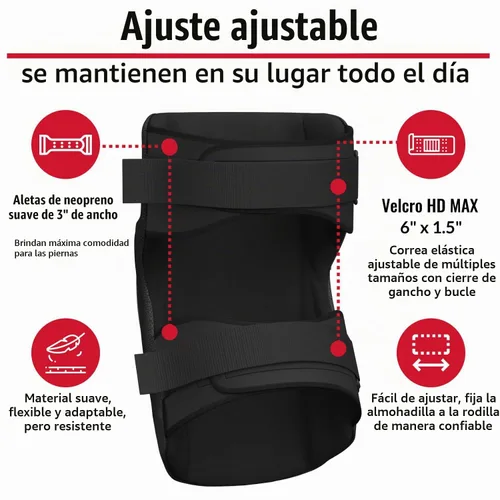 Vista 4 de PRO - Rodilleras estilo constructor con 3 niveles de protección, color negro, 1 par, tapa de plástico de soporte plano y cierres ajustables