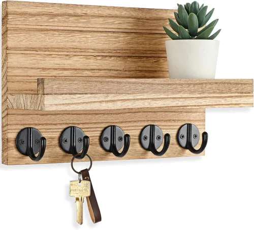 Vista 8 de Lwenki - Soporte de llaves para pared, llavero decorativo y soporte para correo con estante, tiene ganchos grandes para bolsos, abrigos, paraguas