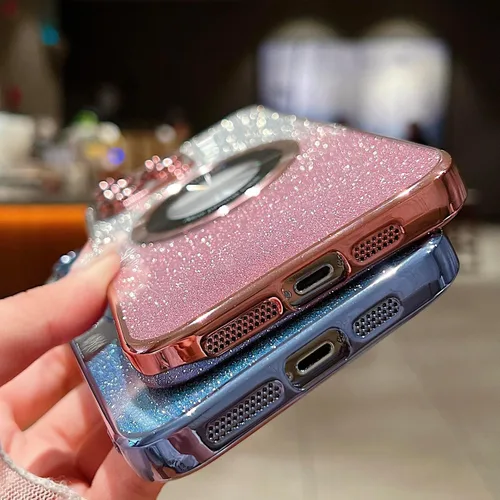 Vista 7 de Funda magnética con purpurina para iPhone 13 Pro Max, compatible con MagSafe con protector de cámara, logotipo suave, de lujo, linda, para mujeres