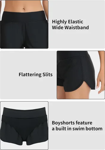 Vista 5 de RELLECIGA Pantalones Cortos de Tabla para Mujer de Cintura Alta con Control de Abdomen y Shorts de Natación Integrados Negro