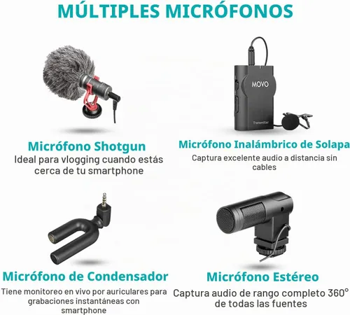 Vista 4 de Movo V8 - Kit de vlogging para iPhone con trípode, agarre, micrófonos, luces LED y vlog remoto inalámbrico, paquete de inicio de YouTube para Apple