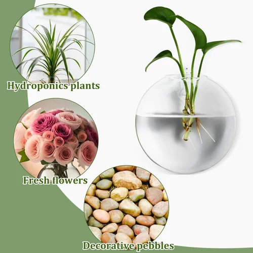 Vista 9 de 4pcs Wall Hanging Glass Flower Vessels Flat Oblate Bubble Design Hanging Holders for Indoor Plants Terrarium Stand Home Décor