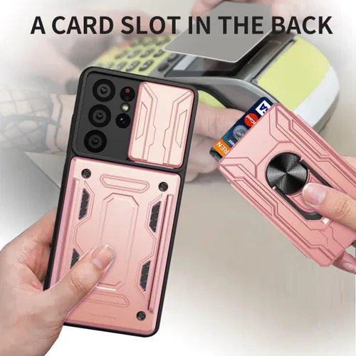 Vista 4 de Funda para Galaxy S21 Ultra 5G, diseñada para Samsung S21U con protector de pantalla, soporte para tarjetas desmontable, ranura para anillo, soporte