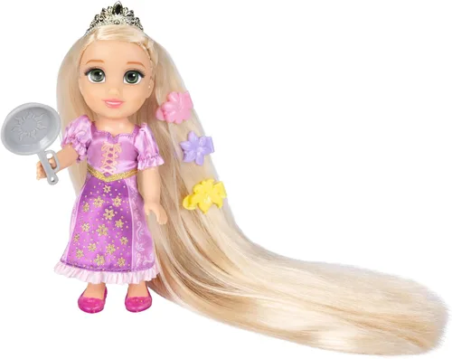 Vista 3 de Disney Princess Rapunzel Doll Muñeca Rapunzel de pelo largo Petite con Pascal, en moda de vestir púrpura y blanco