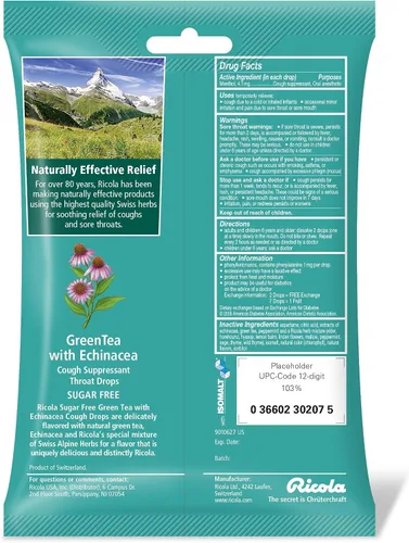 Vista 2 de Ricola Té verde sin azúcar con gotas de garganta supresor de la tos de equinácea, bolsa de 19 ct