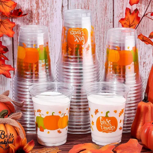 Vista 7 de Meanplan 100 vasos de plástico de Acción de Gracias a granel de 12 onzas, vasos desechables de otoño, hojas de calabaza, pavo, vasos transparentes