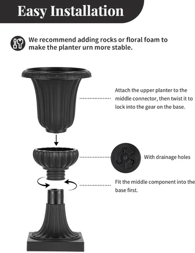 Vista 5 de NUPTIO Urn Planters for Front Porch: 19.7 Inch Set of 2 Black Pedestal Pots