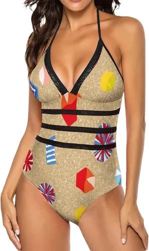 Vista 2 de Umbrellas and Windsurf Board Women's One Piece Swimsuits V-Neck Bathing Suits Open Back Beach Swimwear