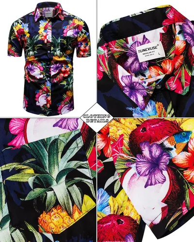 Vista 18 de TUNEVUSE Conjunto de camisas y pantalones cortos hawaianos para hombre, 2 piezas, trajes de playa con estampado de flores, traje tropical de verano