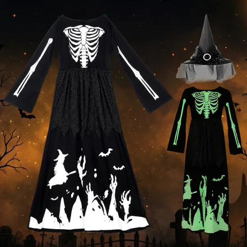 Vista 4 de Baluue Vestido de Halloween que brilla en la oscuridad, disfraz de bruja