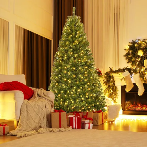 Vista 3 de Árbol de Navidad artificial preiluminado de 7 pies, árbol de Navidad con bisagras de lápiz con 500 luces LED de doble color, 1570 ramas de PVC, 11
