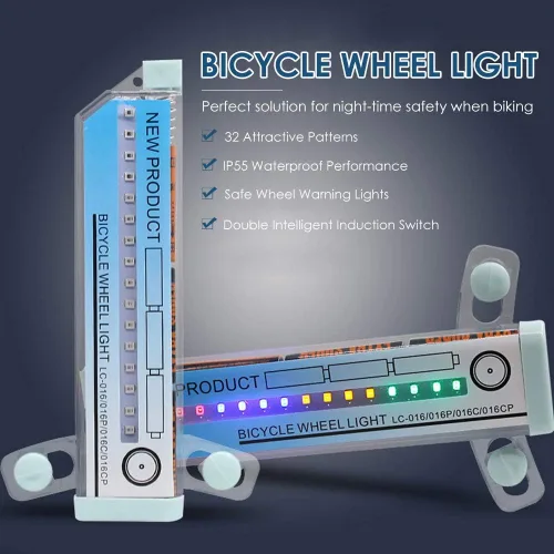 Vista 7 de Yunobi Luces de rueda de bicicleta - Luz de neumático de rueda, 32 patrones atractivos luz de bicicleta de doble pantalla radios luz de conducción