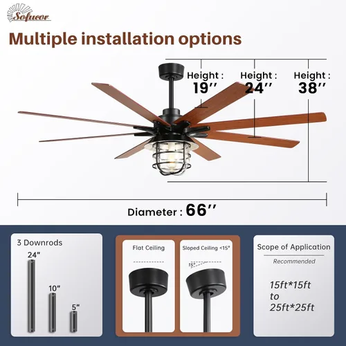 Vista 6 de Sofucor - Ventilador de techo de granja de 66 pulgadas con luces y control remoto, ventilador de techo moderno con jaula y motor CC reversible