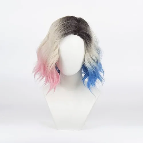 Vista 4 de Enid Sinclair Pelucas onduladas mujeres rosa y azul negro superior rizado corto partido Cosplay pelucas sintéticas niñas peinado vestido pelo