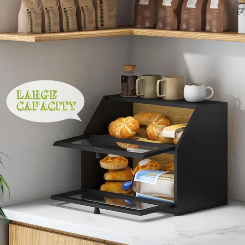 Vista 6 de Caja de pan de granja BMOSU para mostrador de cocina Caja de pan de doble capa de bambú y madera de gran capacidad contenedor de almacenamiento