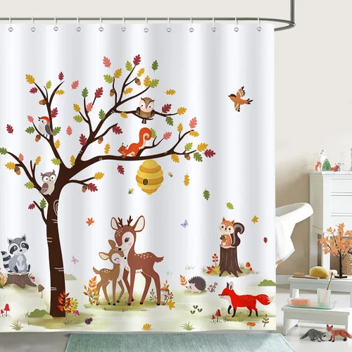 Vista 9 de Bonhause Cortina de ducha de otoño, diseño de zorro de ciervo, mapache, cortina de baño de animales otoñales, 72 x 72 pulgadas, cortina de baño