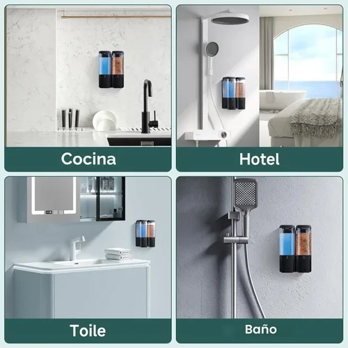 Vista 6 de Dispensador de champú y acondicionador, 2 cámaras, sin perforación, dispensador de champú para ducha, dispensador de jabón de ducha montado