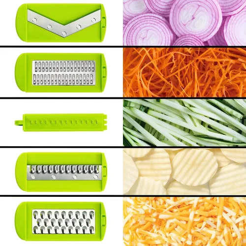 Vista 3 de Starfrit Easy Mandoline Slicer, Dicer - 5 cuchillas - Cuchillas rectas y arrugadas, Julienne, rallador y triturador - Empujador de autoalimentación