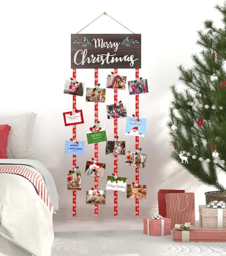 Vista 6 de Soporte de Exhibición para Tarjetas de Navidad, Decoración de Pared de Navidad, Marco de Fotos de Navidad de Madera con 30 Clips para Colgar Fotos
