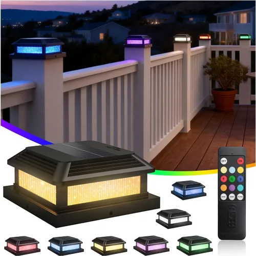 Vista 9 de LumiZen Paquete de 12 luces solares para tapa de poste con control remoto, 9 modos de cambio de color RGB y modos de flujo multicolor fácilmente