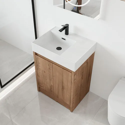 Vista 17 de Malwee Tocador de baño independiente de 24 pulgadas con lavabo, tocador de baño de pie de 24'', tocador moderno con 2 puertas y encimera de lavabo