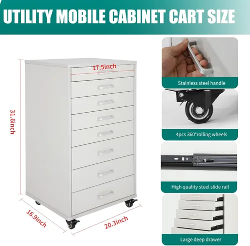 Vista 3 de Medical Dental Assistant's Mobile Cabinet Alabama Cart Utility Cart Carrito 7 cajones con asa, fácil de sacar y empujar hacia atrás. Blanco