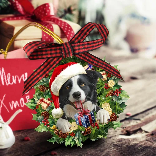 Vista 2 de Talataca Border Collie - Corona de sombrero de Navidad, para amantes de los perros, árbol de Navidad plano 2D, adorno de madera, decoración colgante