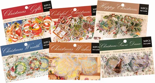 Vista 2 de Aromoty Calcomanías de Navidad de lámina dorada de Papá Noel, muñeco de nieve Set (180 piezas con 6 temas) - Calcomanías de resina transparente