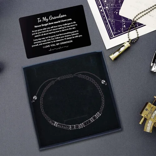 Vista 5 de Pulsera de código morse "Te quiero" con tarjeta de billetera grabada, regalos para hijo/nieto, pulsera de cuentas hecha a mano, regalos de Navidad