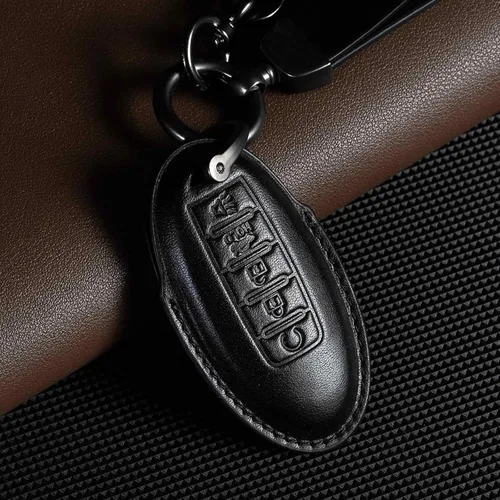 Vista 2 de Funda de cuero para llavero Nissan Altima Armada Pathfinder Rogue Sport Sentra Versa Murano Infiniti Q50 Q60 QX50 QX60 QX80 QX70 accesorios