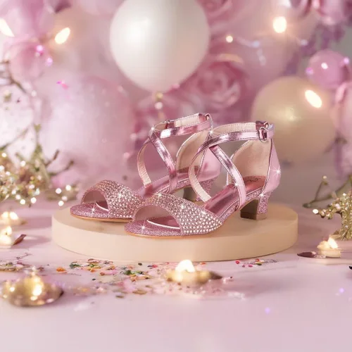 Vista 5 de Chumchoi Sandalias para niñas con diamantes de imitación, tacón bajo, correa de tobillo, vestido de tacón alto, boda, fiesta, para niños pequeños