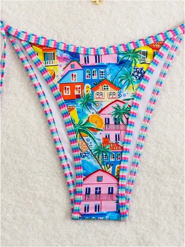 Vista 4 de WDIRARA Traje de baño de dos piezas para mujer estilo boho con estampado floral, conjunto de bikini halter con tiras en forma de triángulo