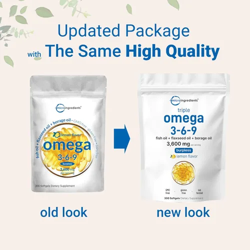 Vista 3 de Ultra Omega 3-6-9 3600 mg por porción, 300 cápsulas blandas sin eructos Sabor a limón - Mezcla de aceites de pescado, linaza y borraja Fuente