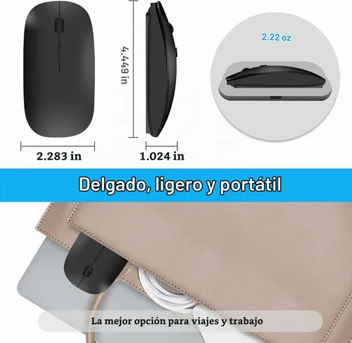 Vista 8 de Ratón Bluetooth recargable para laptop, mouse inalámbrico para MacBook air/Mac/MacBook Pro, mouse jiggler Bluetooth 5.2/3.0 y USB tipo C de 2.4 GHz